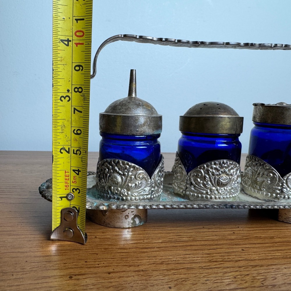 Victorian Era Antique Silver Plated Cobalt Blue Condiment Serving Caddy - Picture 3 of 16